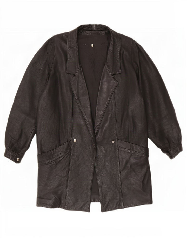 Casaco de couro grande vintage feminino UK 12 médio preto
