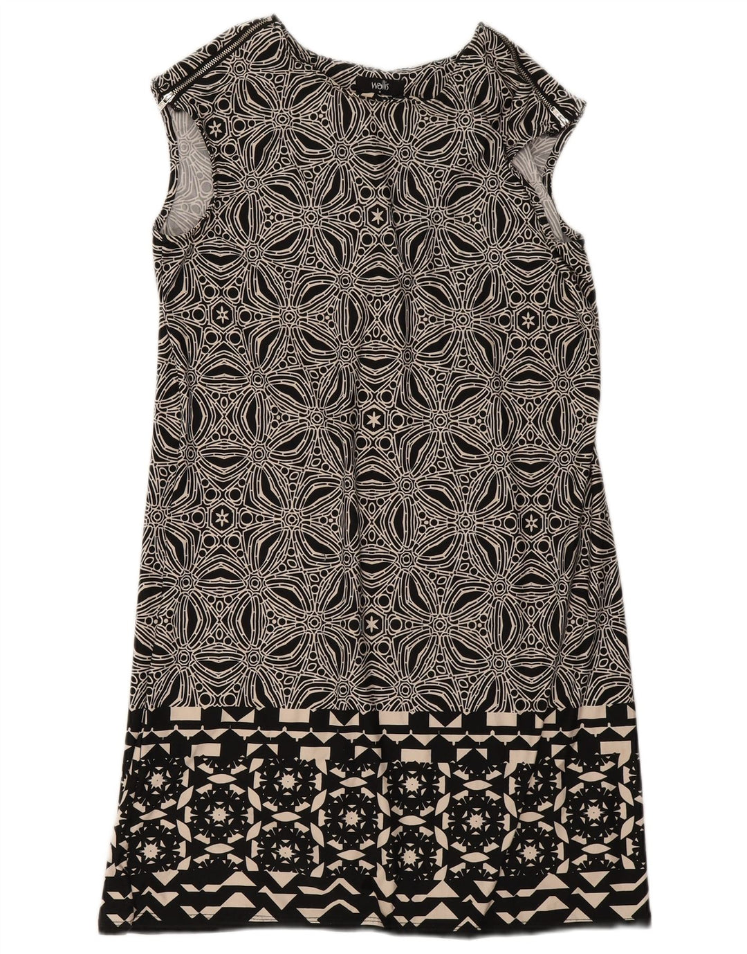 Vestido feminino Wallis sem mangas UK 12 poliéster geométrico preto médio