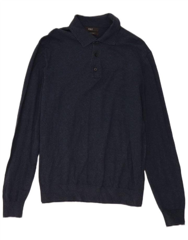 Suéter masculino Marks & Spencer com gola polo e algodão azul marinho médio