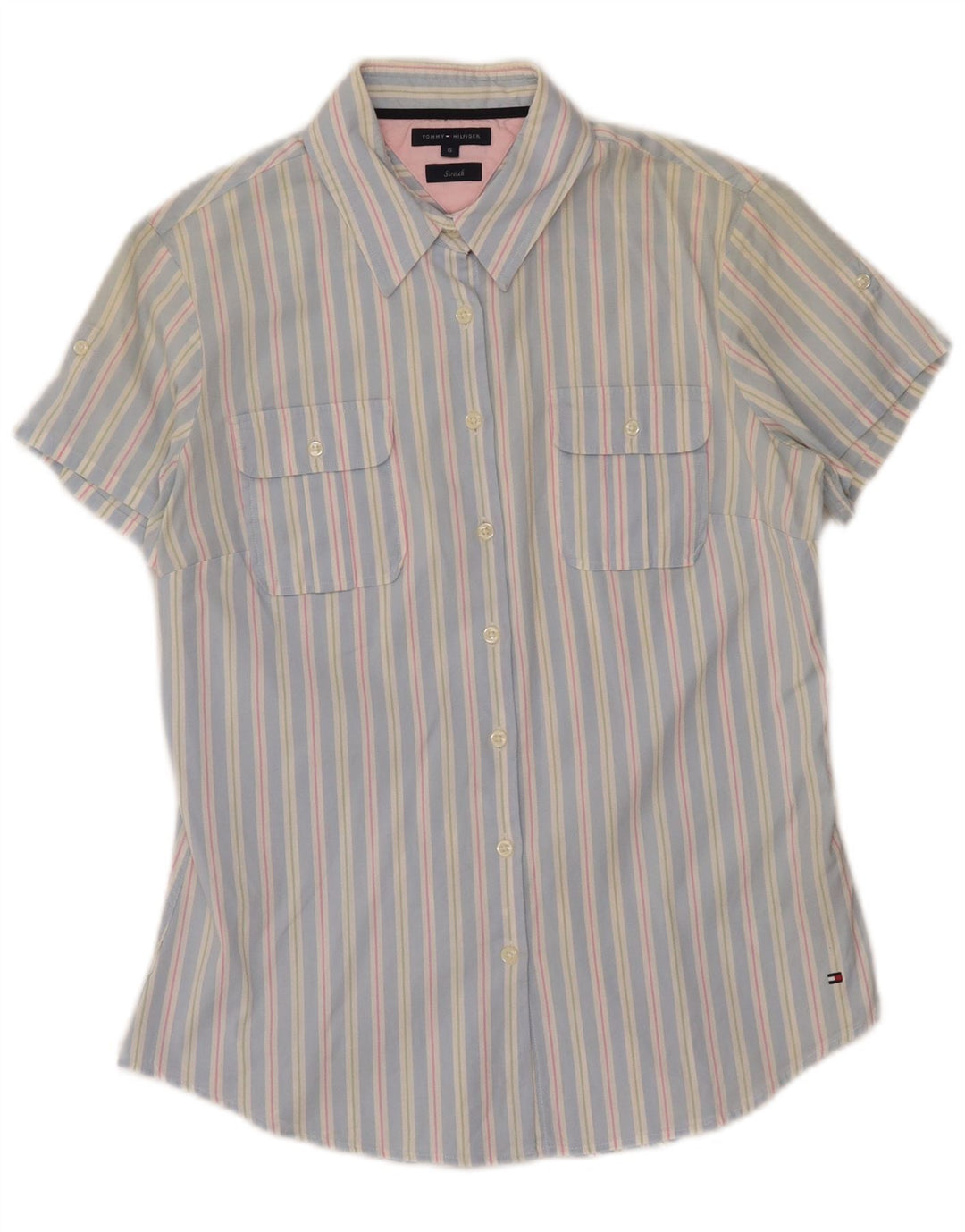 Camisa feminina de manga curta TOMMY HILFIGER EUA 6 algodão listrado azul médio
