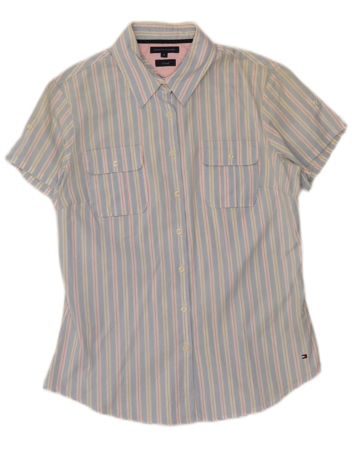 Camisa feminina de manga curta TOMMY HILFIGER EUA 6 algodão listrado azul médio