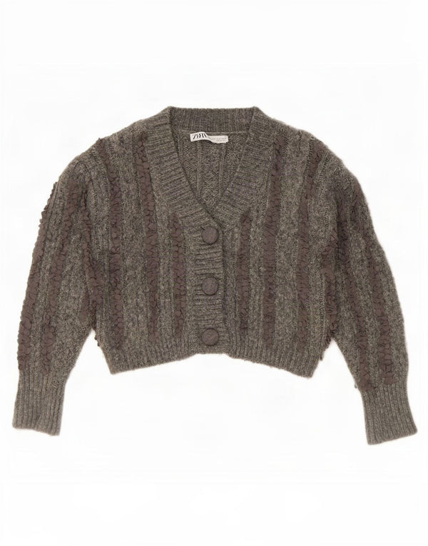 Zara Suéter Bolero Cardigan Feminino UK 10 Pequeno Listrado Cinza