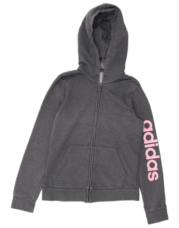 Suéter Adidas feminino com capuz e zíper gráfico UK 8/10 pequeno algodão cinza