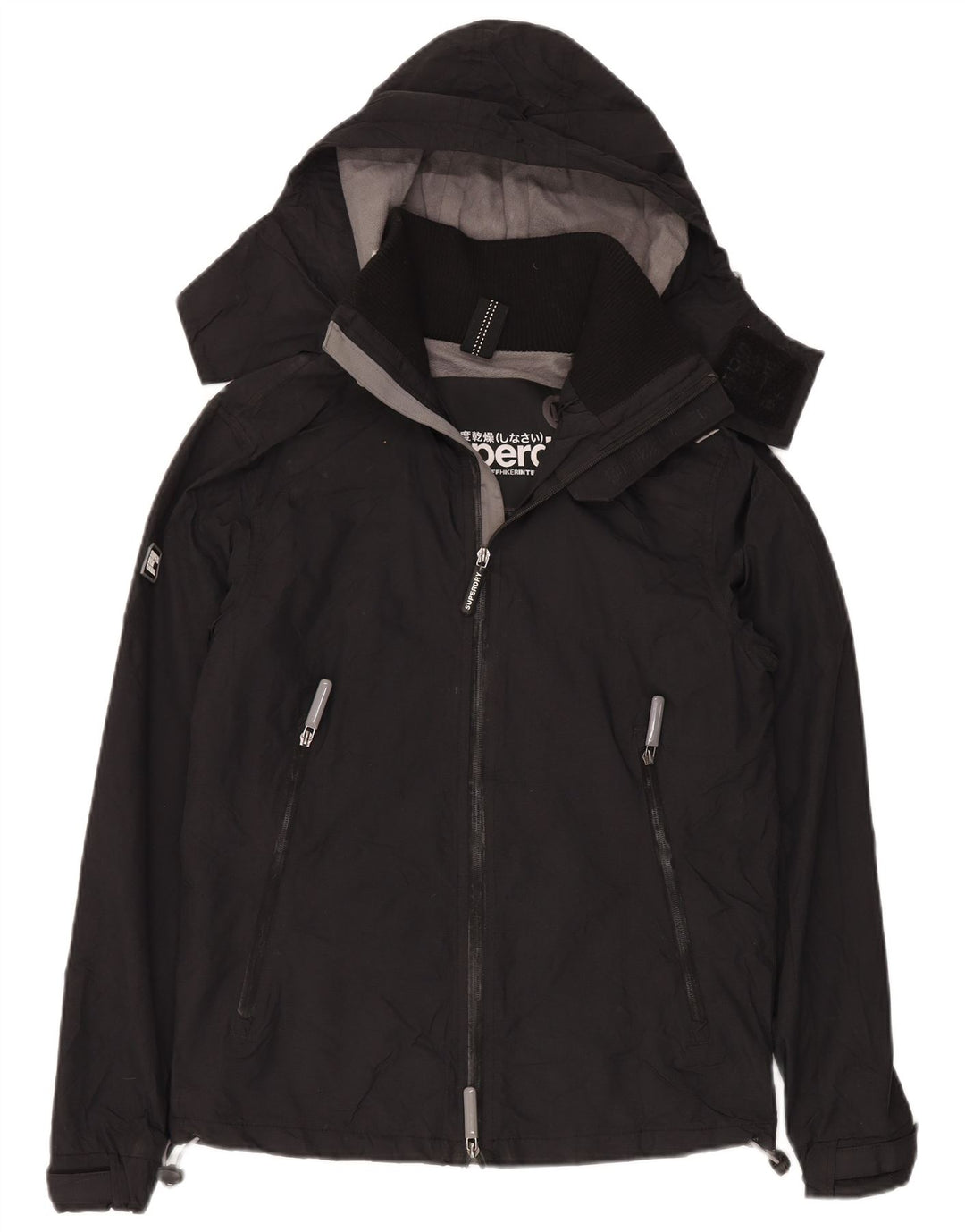 Jaqueta corta-vento feminina Superdry com capuz UK 14 médio preto nylon