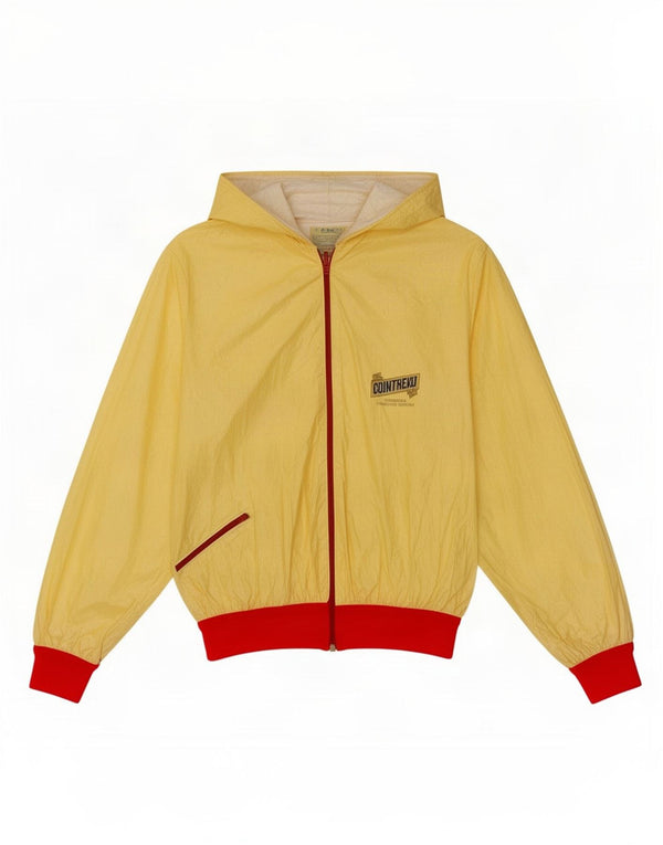 Jaqueta de chuva feminina vintage com capuz gráfico UK 14 bloco colorido amarelo médio