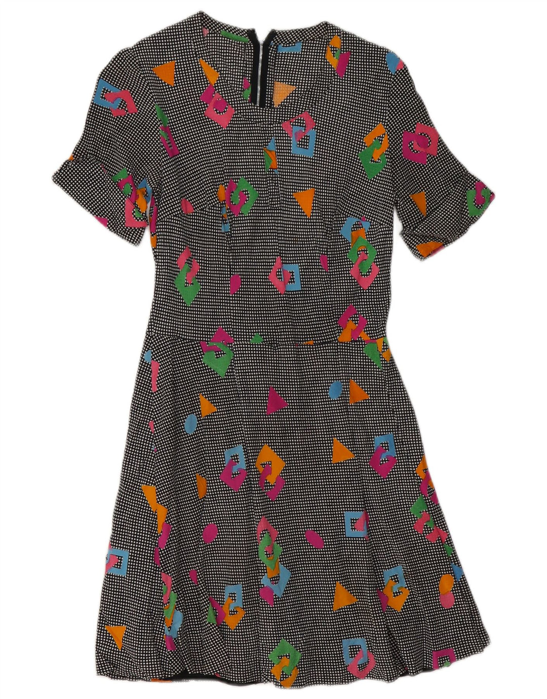 Vestido vintage feminino linha A UK 8 pequeno geométrico multicolorido