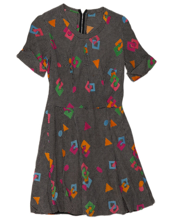 Vestido vintage feminino linha A UK 8 pequeno geométrico multicolorido