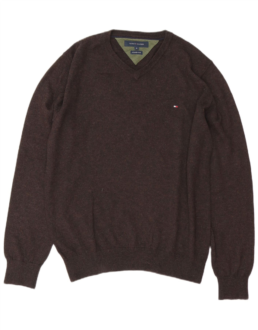 Suéter masculino Tommy Hilfiger com decote em V de lã marrom médio