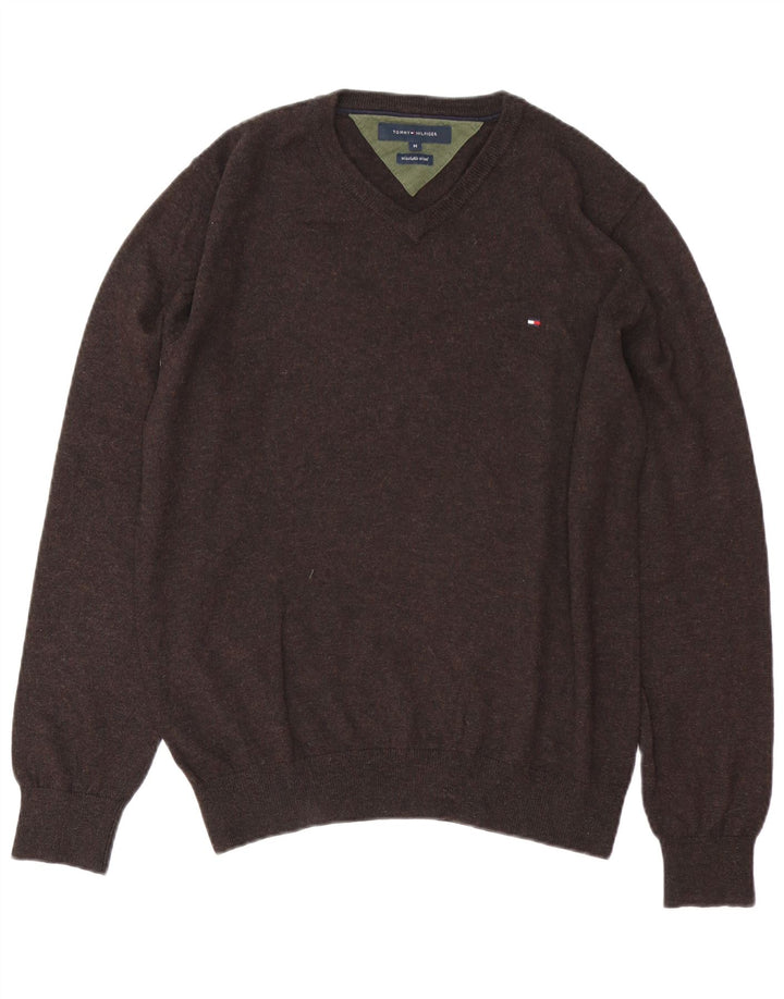 Suéter masculino Tommy Hilfiger com decote em V de lã marrom médio