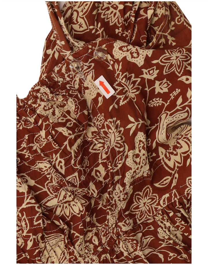 Vestido feminino expresso sem mangas evasê UK 12 viscose floral marrom médio
