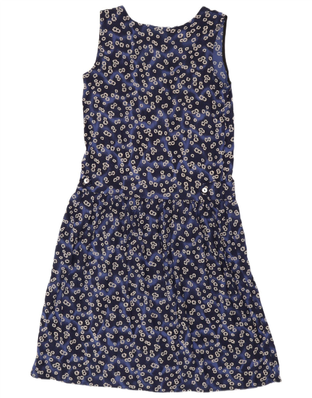 Vestido básico feminino sem mangas VINTAGE Reino Unido 12 viscose floral azul médio