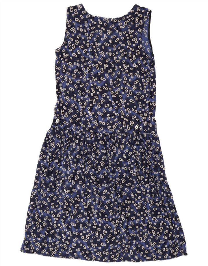 Vestido básico feminino sem mangas VINTAGE Reino Unido 12 viscose floral azul médio