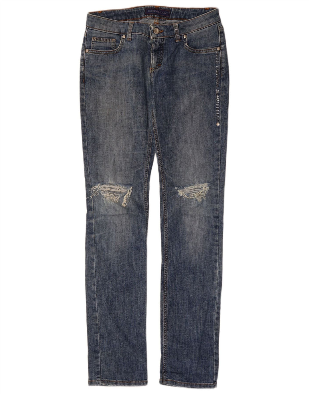 TRUSSARDI Jeans femininos desgastados slim W27 L33 algodão azul