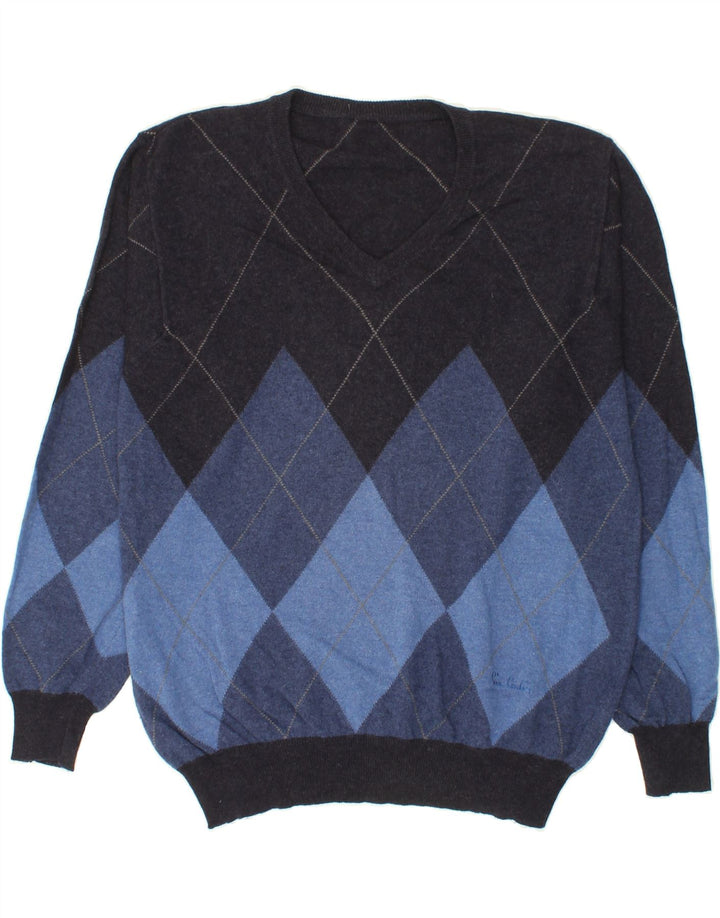 Suéter masculino VINTAGE com decote em V IT 52 grande azul marinho Argyle/Diamante