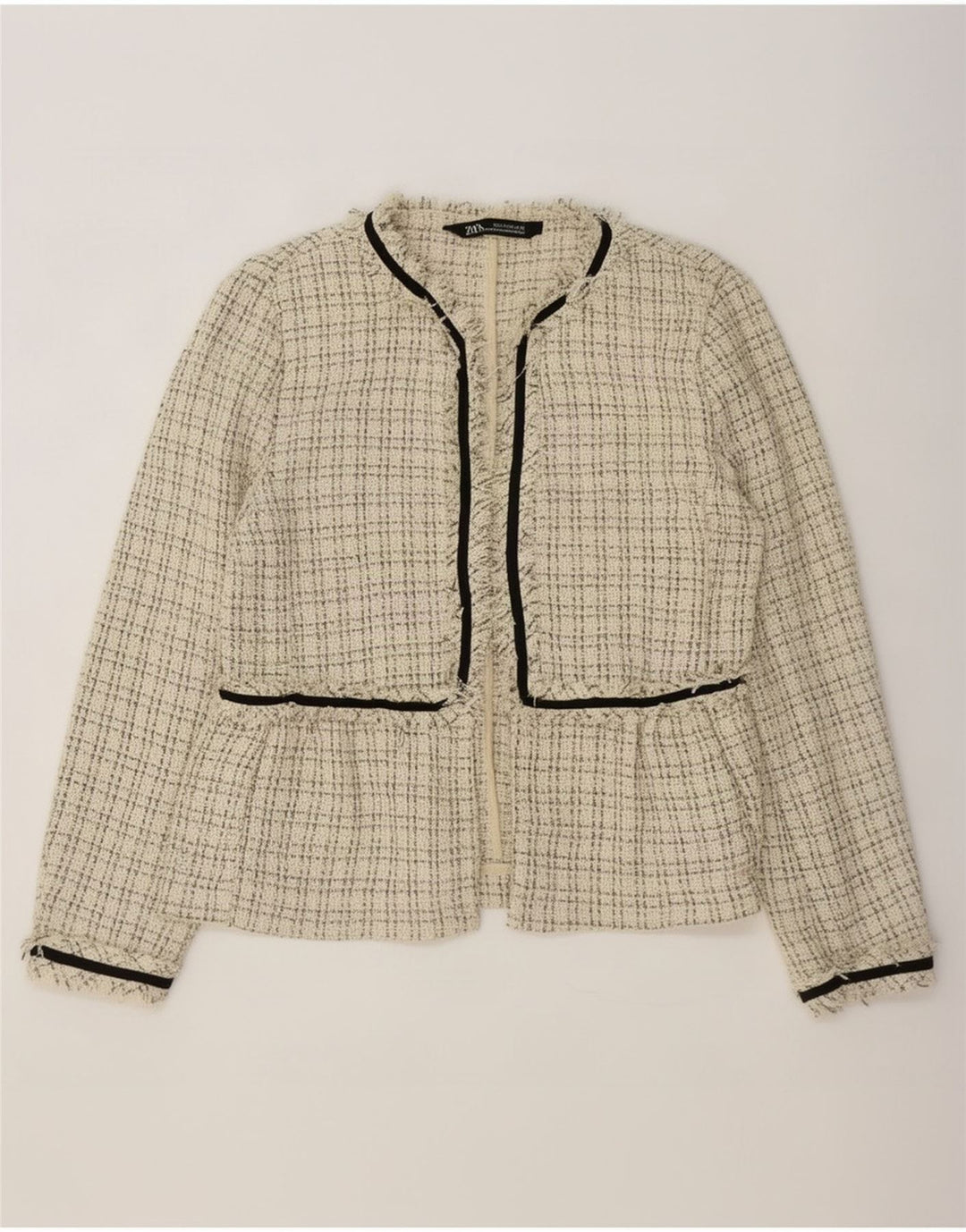 Jaqueta blazer aberta feminina Zara Reino Unido 10 poliéster xadrez bege pequeno