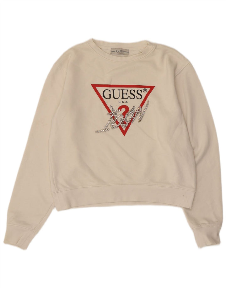 Suéter feminino Guess com estampa gráfica cropped UK 10 pequeno off white poliamida
