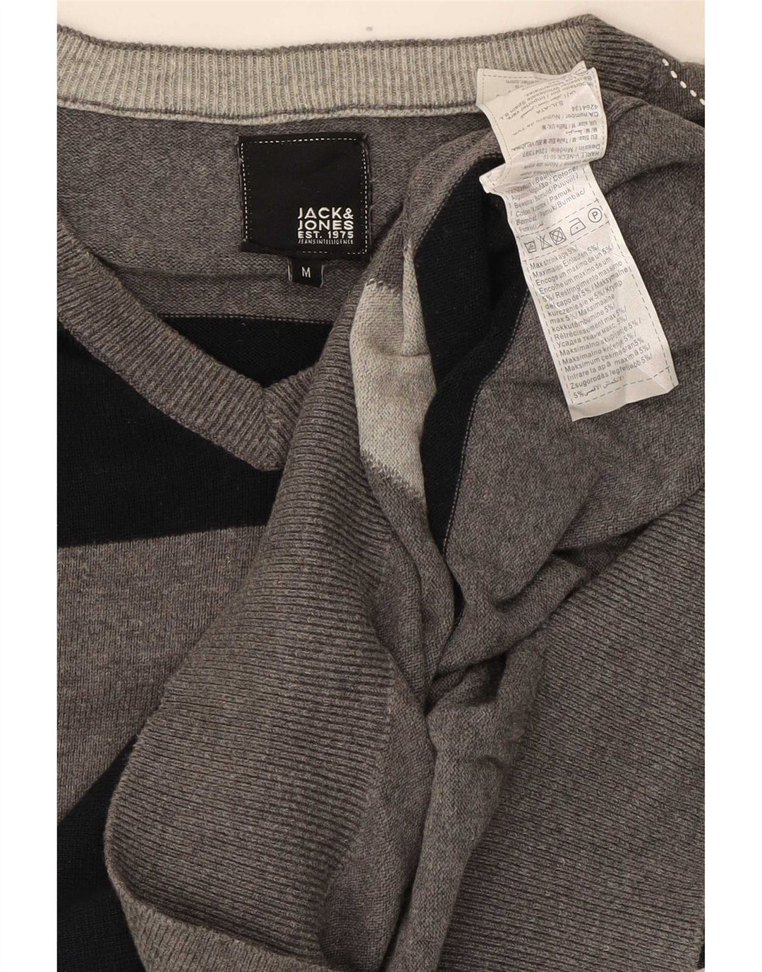 Suéter masculino Jack & Jones com decote em V cinza médio Argyle/algodão diamante