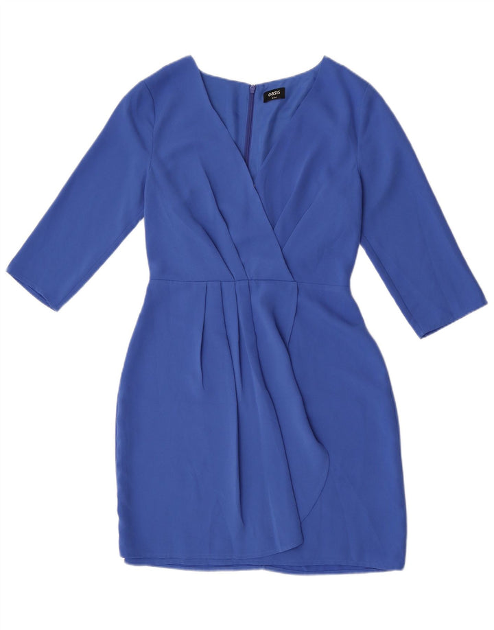 Vestido feminino Oasis manga 3/4 com bainha UK 8 pequeno azul poliéster