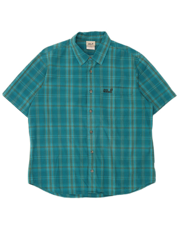 Camisa masculina de manga curta Jack Wolfskin Reino Unido 40/42 grande algodão xadrez azul