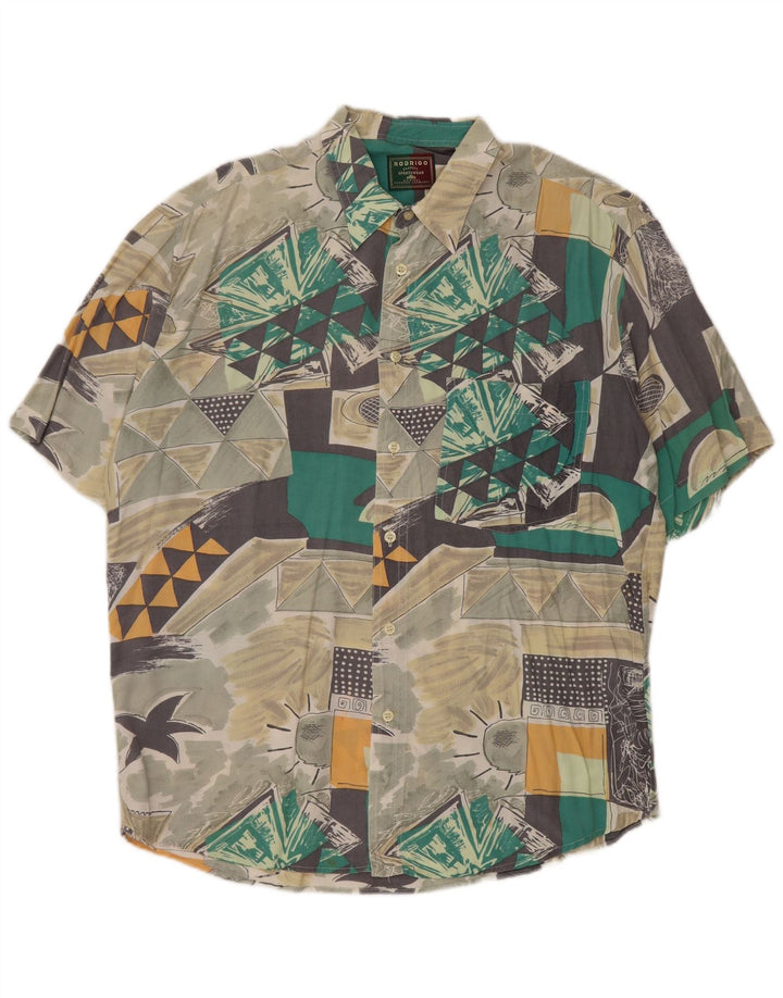 RODRIGO Camisa masculina de manga curta tamanho 16 41 grande multicolorida geométrica