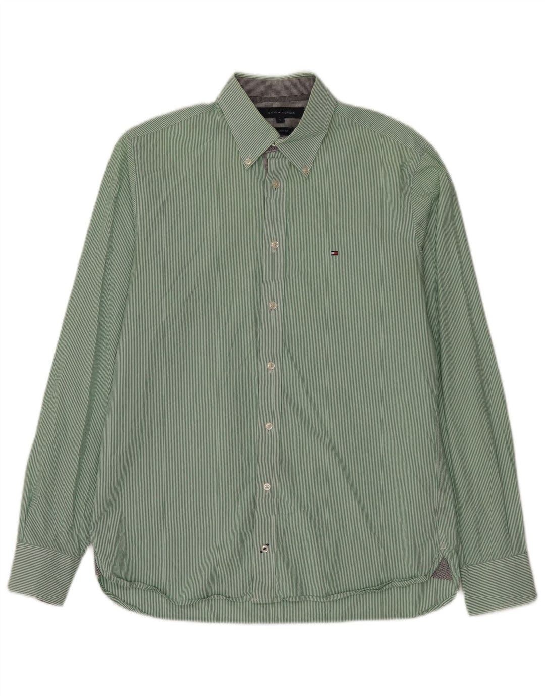 Camisa masculina Tommy Hilfiger Custom Fit pequena listrada verde de algodão