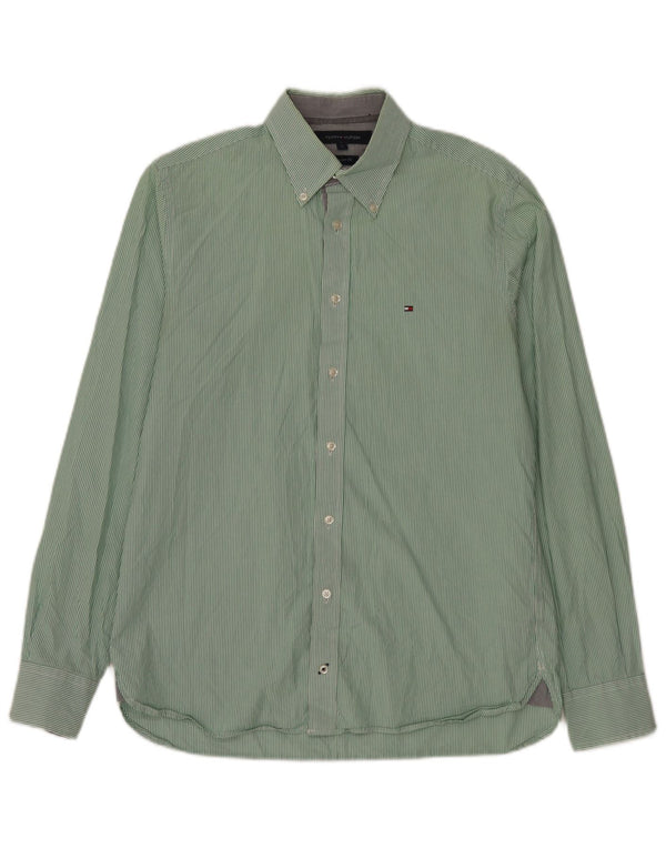 Camisa masculina Tommy Hilfiger Custom Fit pequena listrada verde de algodão