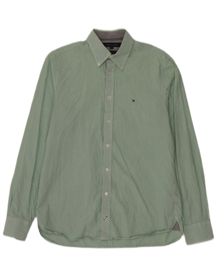 Camisa masculina Tommy Hilfiger Custom Fit pequena listrada verde de algodão