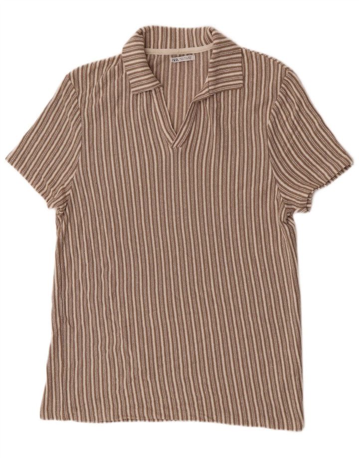 Camisa polo masculina Zara grande algodão listrado bege