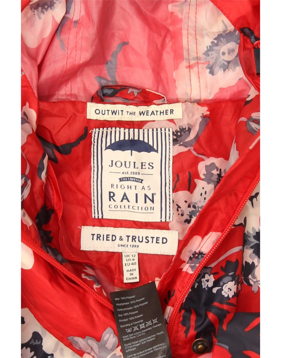 Capa de chuva feminina com capuz Joules UK 12 poliéster floral vermelho médio