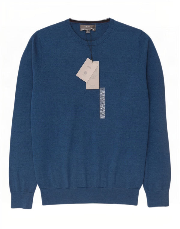 Suéter masculino Marks & Spencer com gola redonda, lã merino azul médio