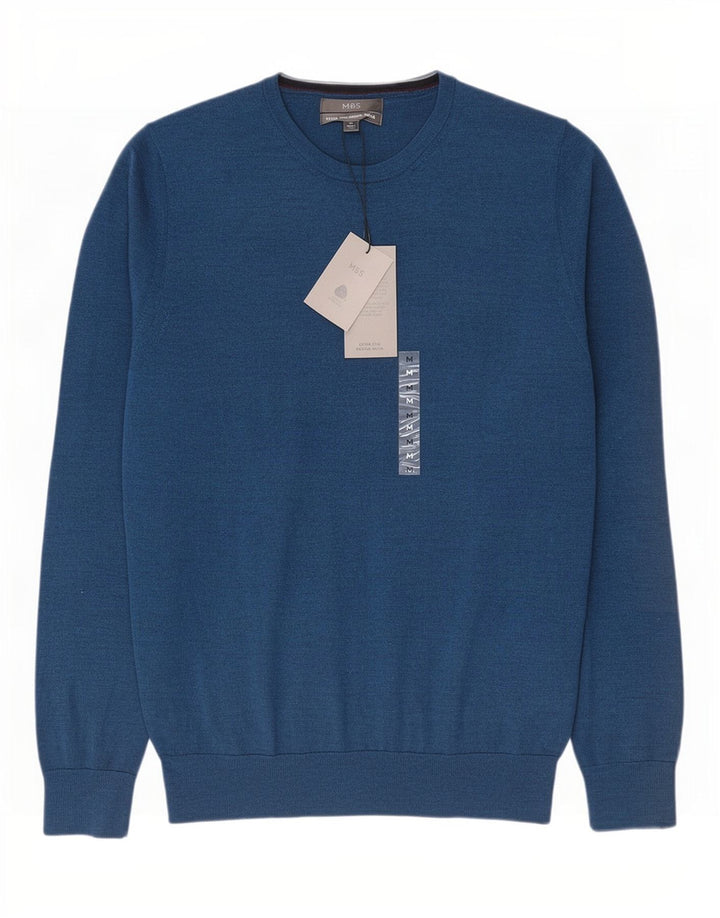 Suéter masculino Marks & Spencer com gola redonda, lã merino azul médio