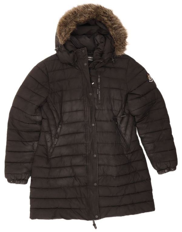 Casaco acolchoado com capuz feminino Superdry UK 16 grande poliéster preto