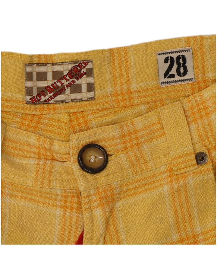 Shorts casuais femininos vintage W28 algodão xadrez amarelo médio