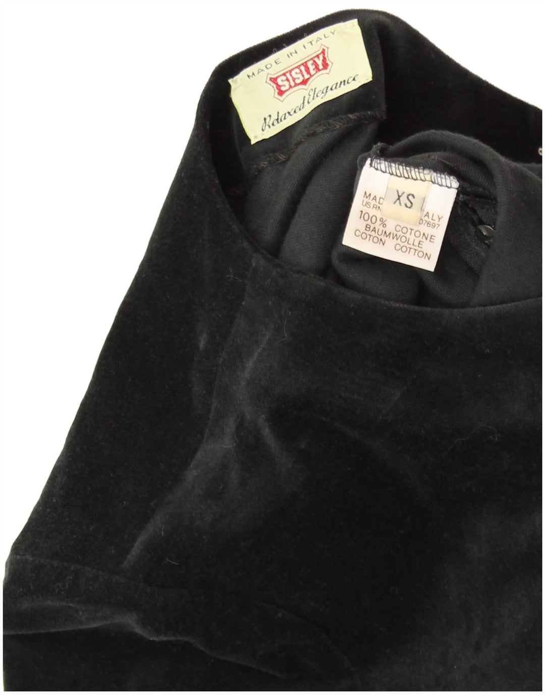 Vestido feminino SISLEY com bainha de veludo UK 6 XS algodão preto