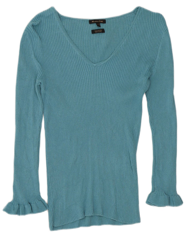 Massimo Dutti Womens V-Neck Jumper Sweater UK 12 Medium Blue Silk