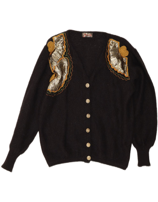 Suéter Cardigan Feminino Vintage Reino Unido 16 Grande Mohair Preto