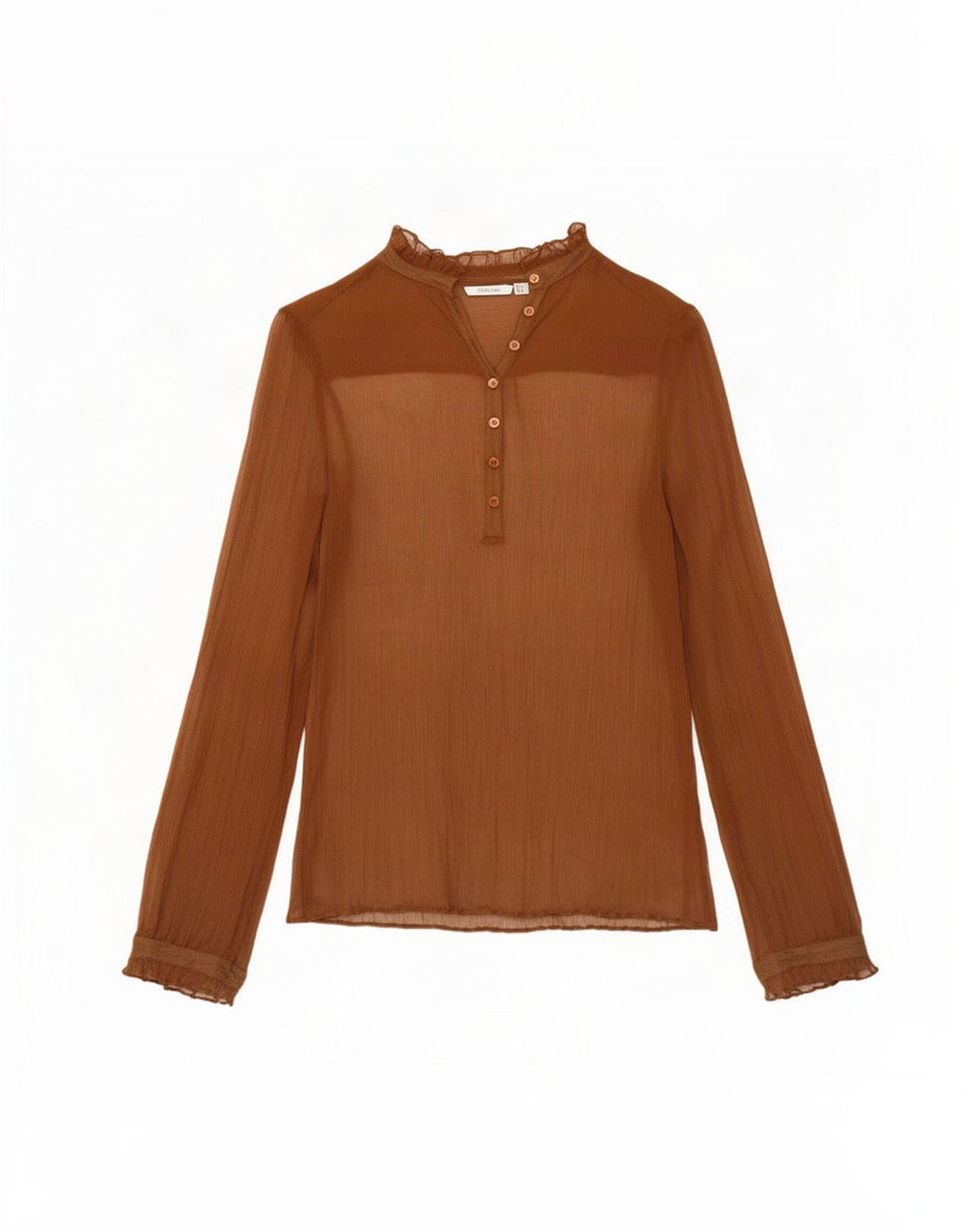 Top feminino Zara de manga comprida transparente Reino Unido 14 seda marrom médio