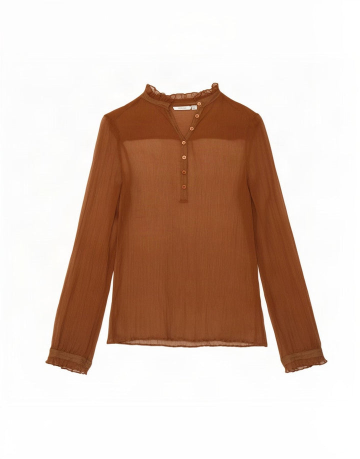 Top feminino Zara de manga comprida transparente Reino Unido 14 seda marrom médio
