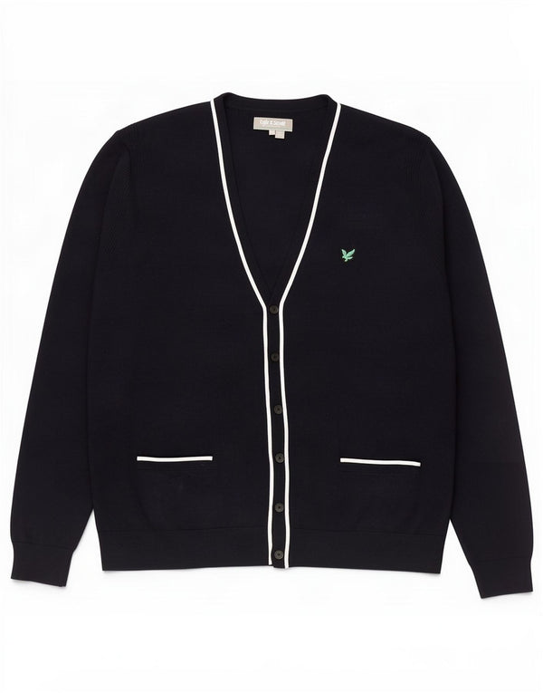 Suéter cardigã masculino Lyle & Scott 2XL lã Merino azul marinho