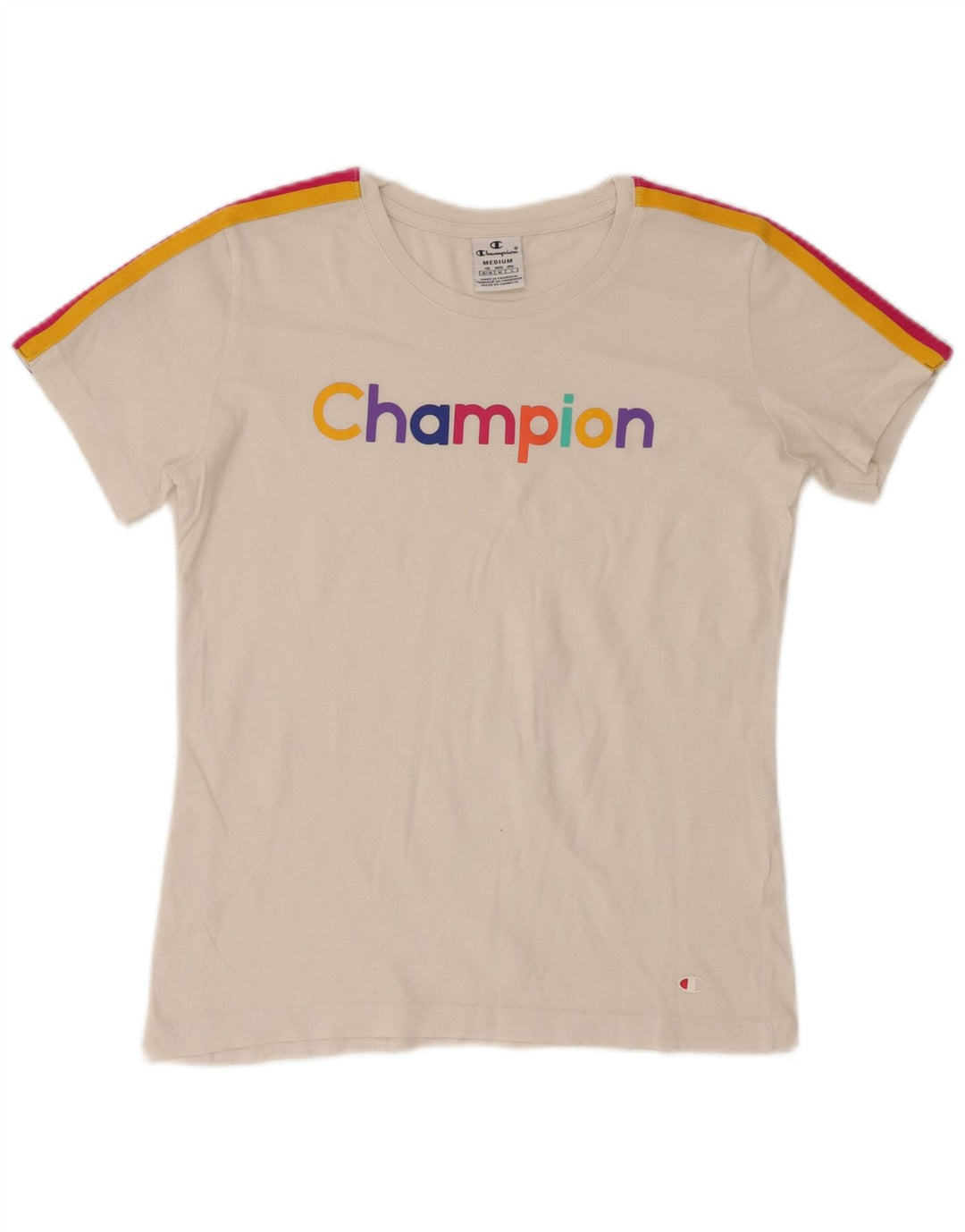 Camiseta feminina estampada Champion UK 12 bloco colorido branco médio