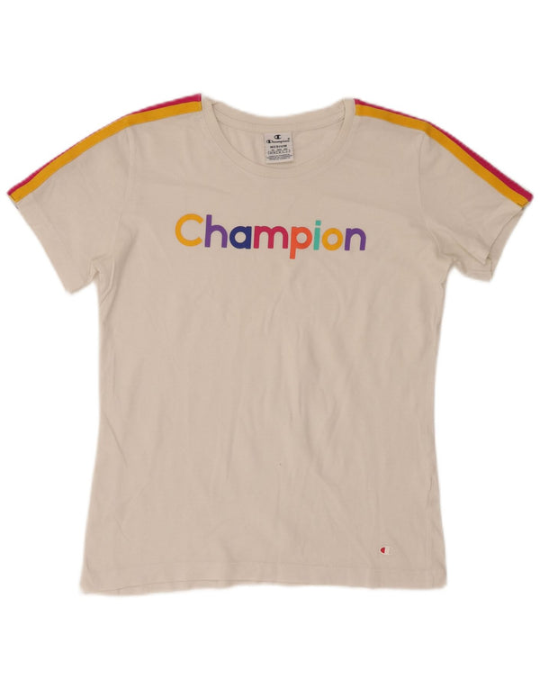 Camiseta feminina estampada Champion UK 12 bloco colorido branco médio