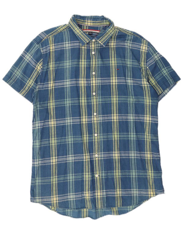 Camisa masculina de manga curta Tommy Hilfiger 2XL algodão xadrez azul
