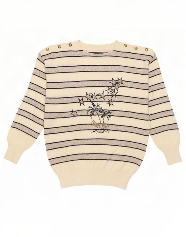 Suéter feminino vintage com gola redonda IT 46 grande listrado branco