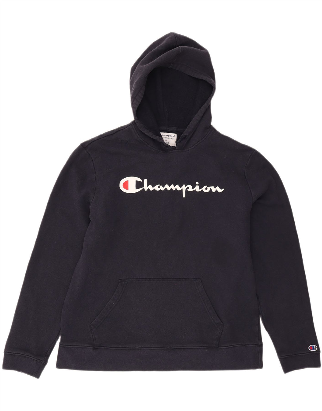 CHAMPION Mens Graphic Hoodie Jumper Large Navy Blue Cotton Vintage Champion and Second-Hand Champion from Messina Hembry 