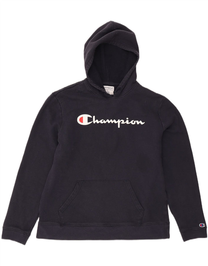 CHAMPION Mens Graphic Hoodie Jumper Large Navy Blue Cotton Vintage Champion and Second-Hand Champion from Messina Hembry 