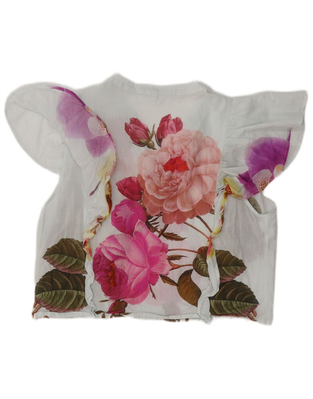 Blusa feminina DESIGUAL com babados na frente UK 18 XL algodão floral branco