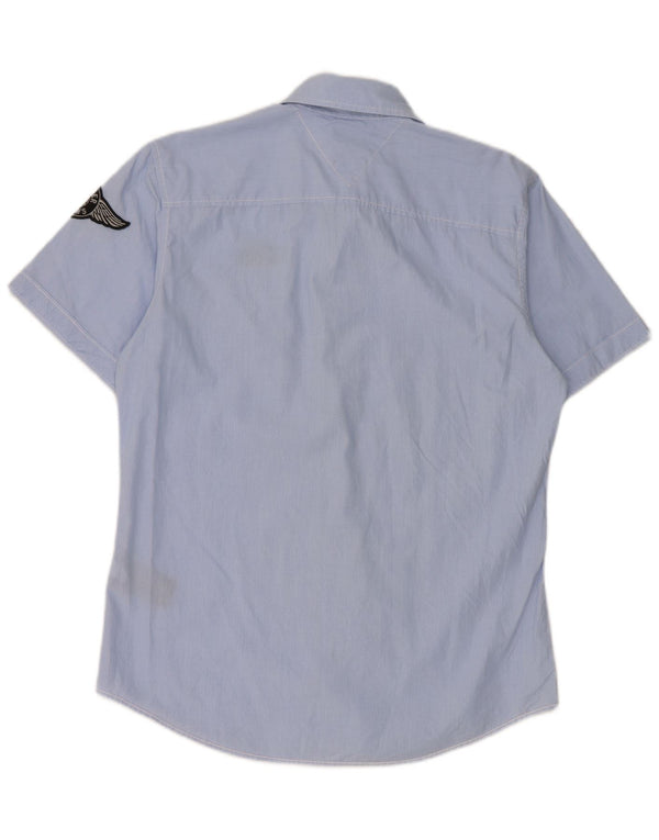 Tommy Hilfiger Camisa masculina gráfica de manga curta de algodão listrado azul médio