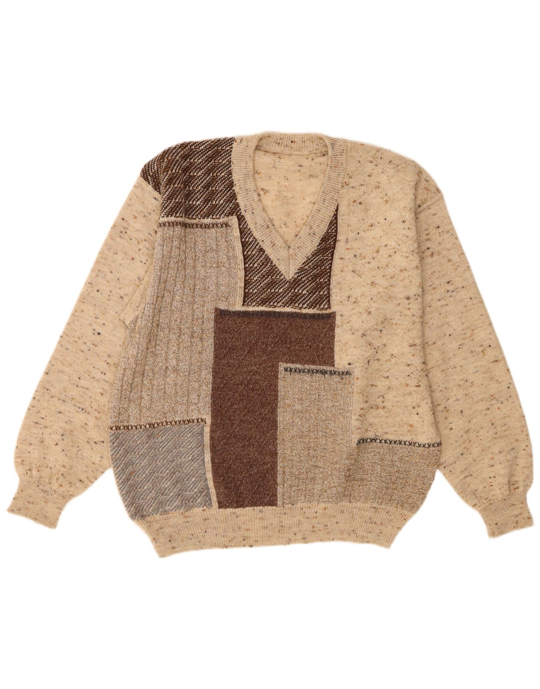 Suéter masculino vintage com decote em V IT 48 lã colorblock bege médio