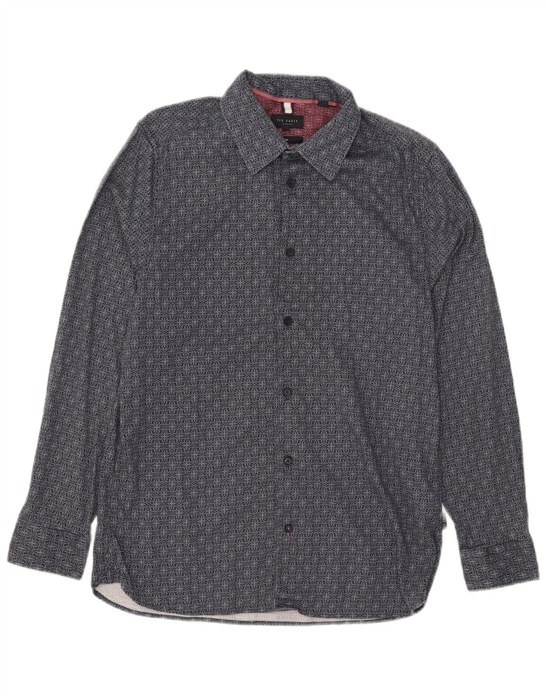 Camisa masculina Ted Baker Slim Fit tamanho 4 grande algodão geométrico azul marinho