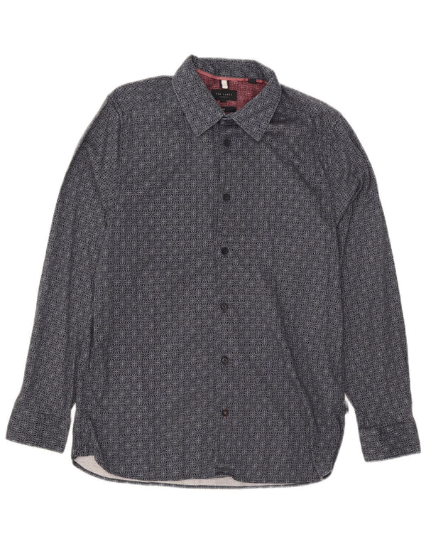 Camisa masculina Ted Baker Slim Fit tamanho 4 grande algodão geométrico azul marinho